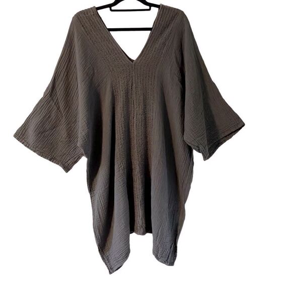Bohemian lagen look textured crinkle double V-neck neutral tunic OS - Picture 2 of 8
